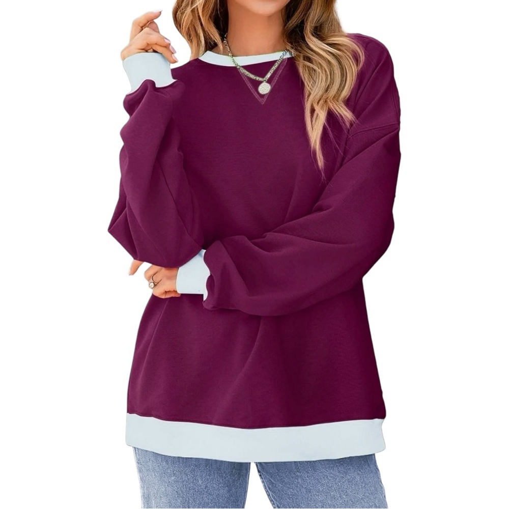 NWT Fantaslook Color Block Women’s Sweatshirt Crewneck Top Size L Dark Purple